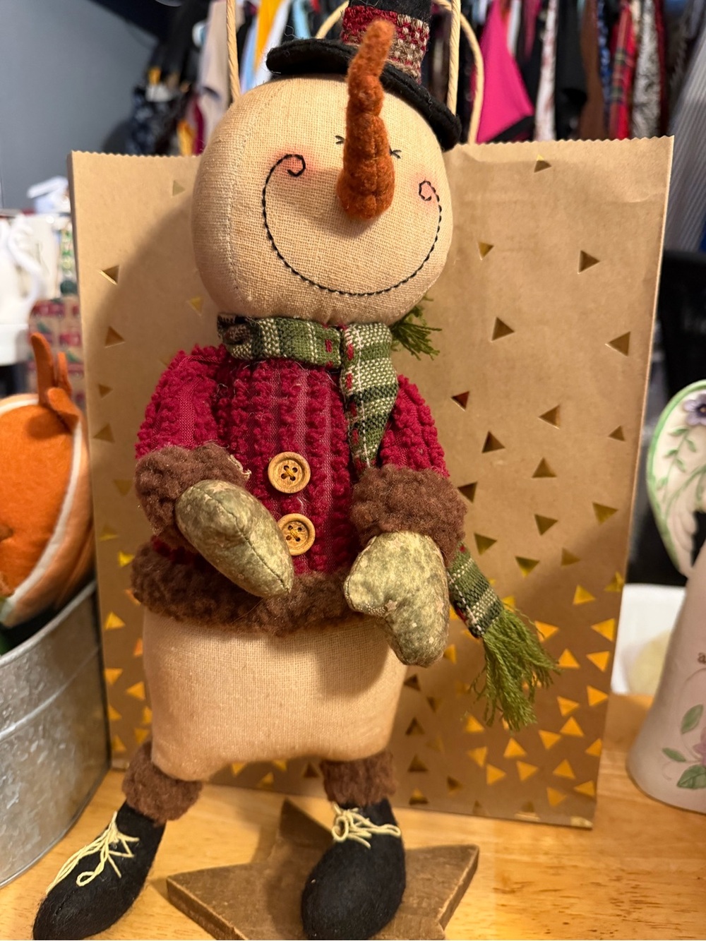 Red Snowman Plush Décor with Green Scarf
